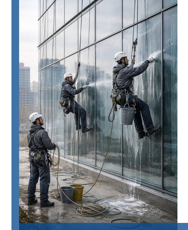 Промышленная мойка панорамных окон на высоте в Челябинске