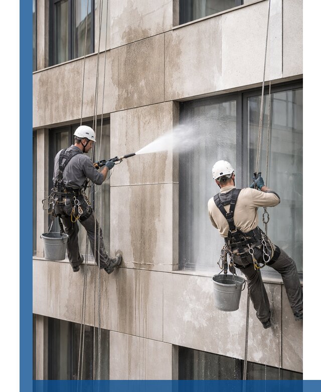 Послестроительная мойка фасада промышленным альпинизмом в Челябинске