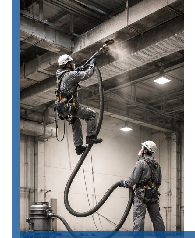 Обеспыливание потолочных конструкций в Челябинске промышленным альпинизмом