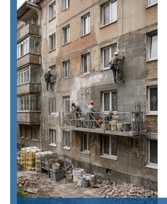 Капитальный ремонт фасада в Челябинске с восстановлением и гидроизоляцией