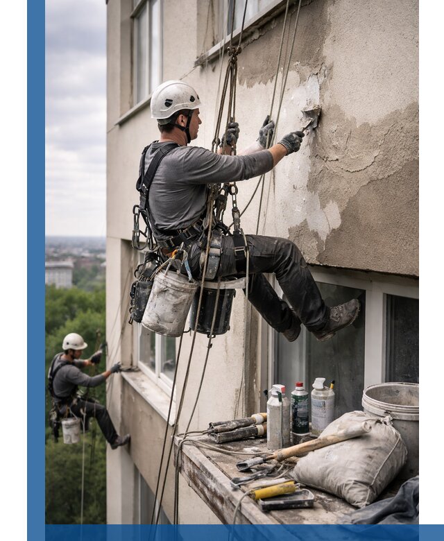 Косметический ремонт фасада зданий в Челябинске промышленными альпинистами