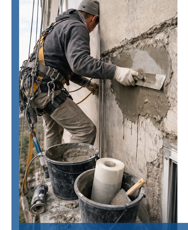 Ремонт бетонных элементов фасада промышленными альпинистами в Челябинске