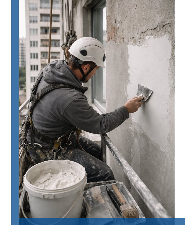 Шпаклевка фасадов на высоте с промальпинистами в Челябинске