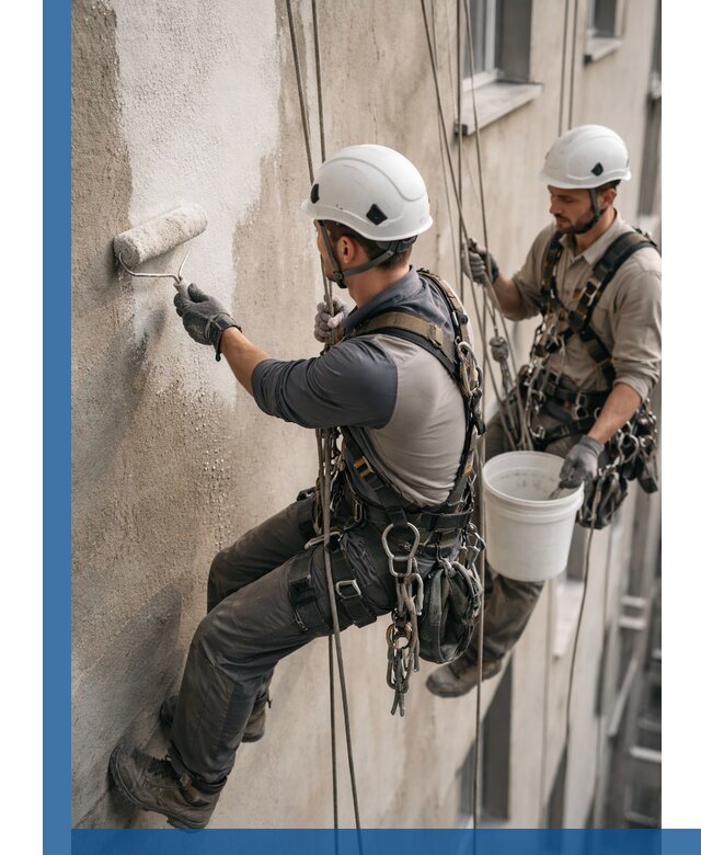 Грунтовка фасада на высоте в Челябинске промышленными альпинистами