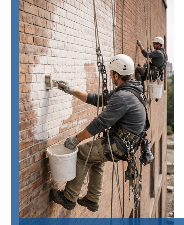 Покраска кирпичного фасада с доступным альпинистским сервисом в Челябинске