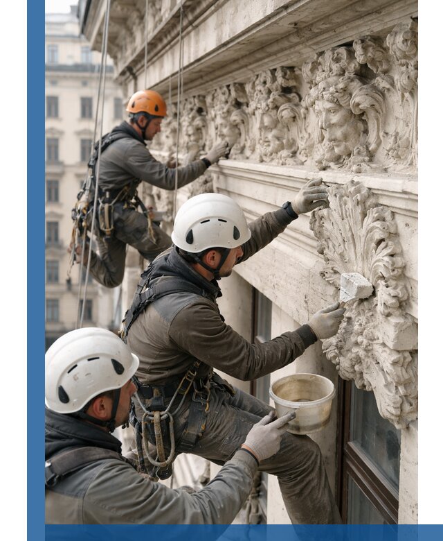 Реставрация фасадной лепнины с высотными работами в Челябинске