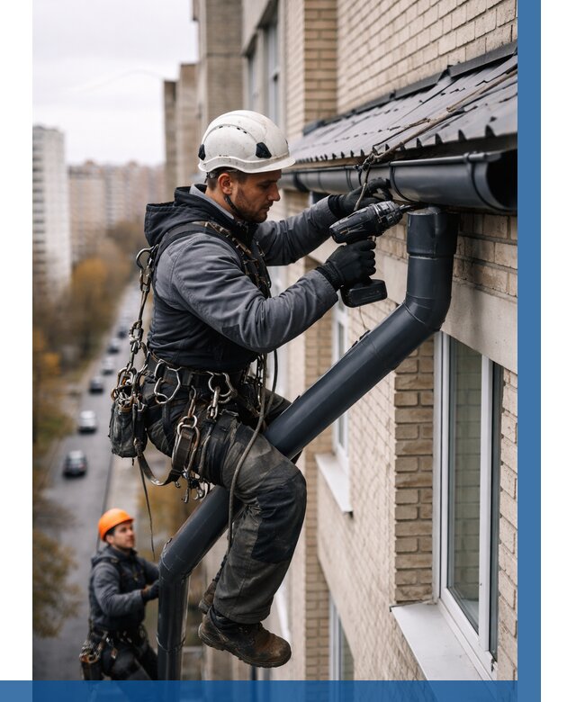 Монтаж водосточной системы на здании в Челябинске от 5156 р. | ВЫСОТНИК-Члб