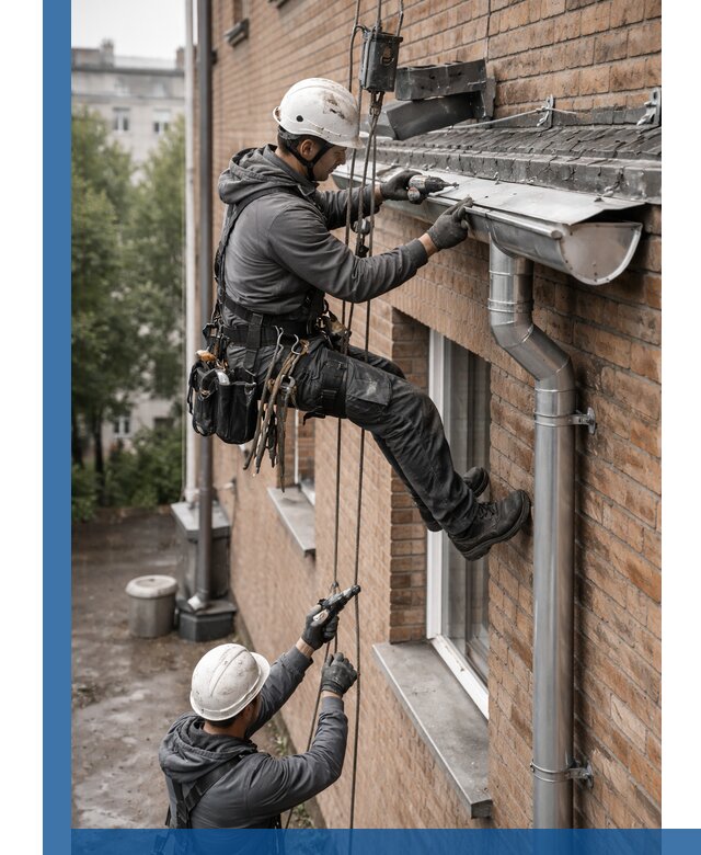 Монтаж водосточной системы на здании в Челябинске под ключ