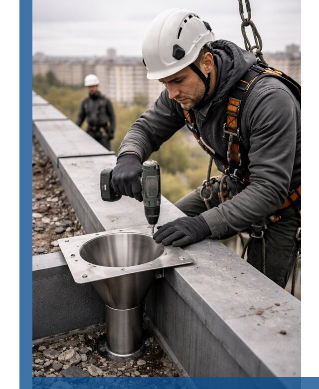 Монтаж водосточных воронок в Челябинске для промышленных зданий