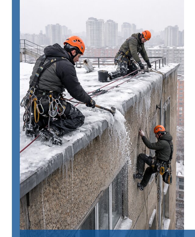 Удаление наледи с кровли в Челябинске промышленными альпинистами