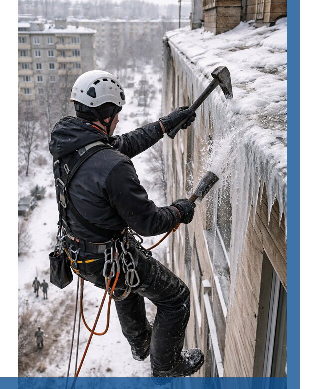 Сбивание сосулек с крыши в Челябинске по цене от 4640 р. | ВЫСОТНИК-Члб