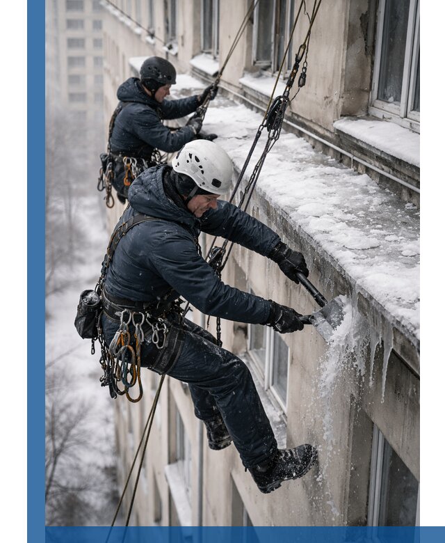 Удаление наледи и сосулек с карнизов в Челябинске профессионально