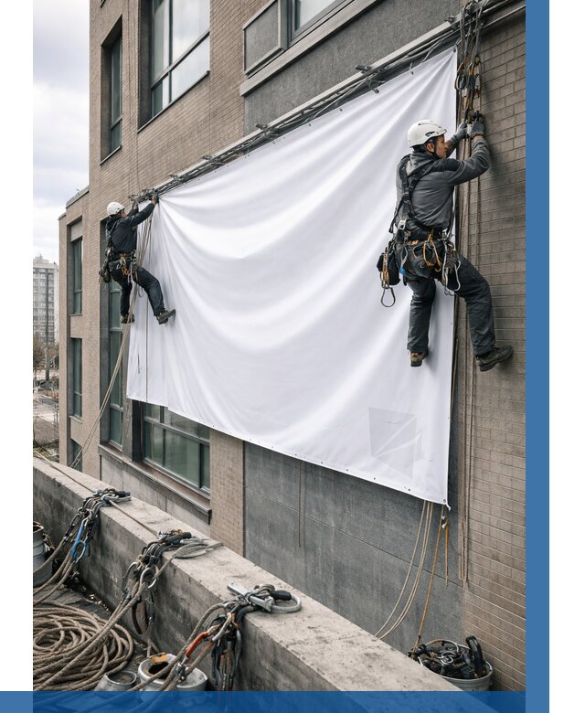 Монтаж баннеров на фасаде в Челябинске от 670 р. заказать ВЫСОТНИК-Члб