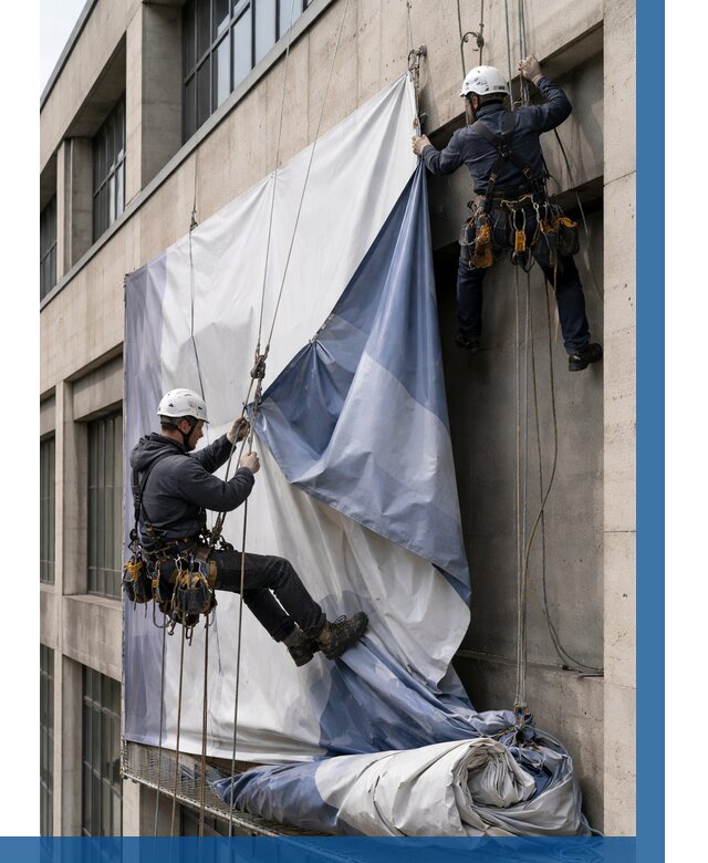 Демонтаж баннеров с фасада в Челябинске от 4640 р. | ВЫСОТНИК-Члб