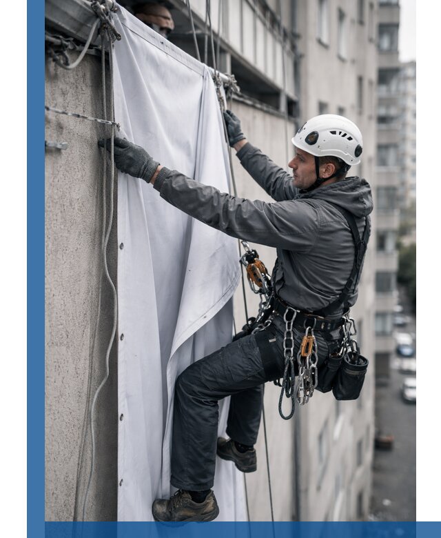 Замена баннерного полотна промышленными альпинистами в Челябинске