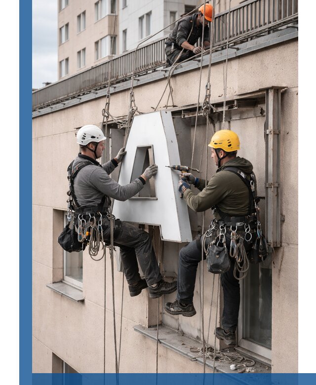 Ремонт и восстановление наружных вывесок на высоте в Челябинске