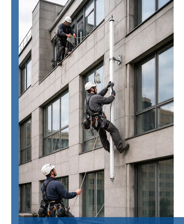 Монтаж флагштока на фасаде здания с креплением и герметикой в Челябинске