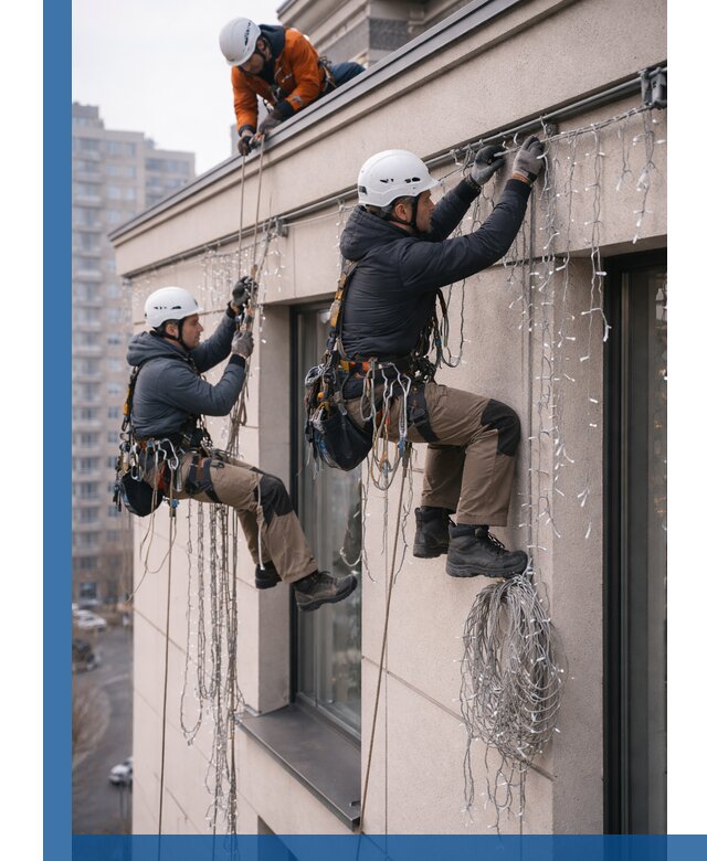 Монтаж праздничных гирлянд на фасаде в Челябинске для зданий