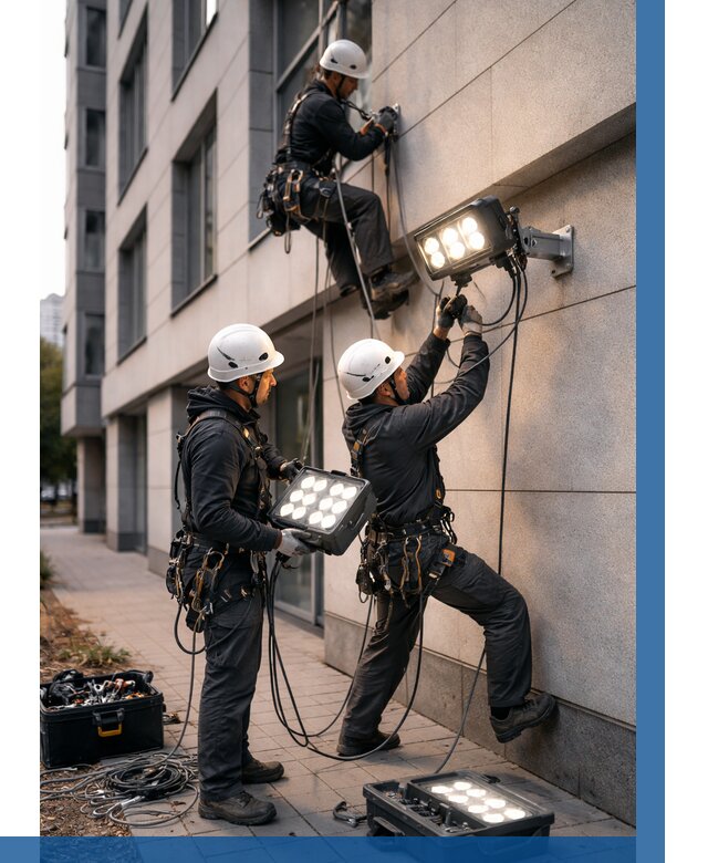 Монтаж прожекторов на фасаде в Челябинске от 7734 р. | ВЫСОТНИК-Члб