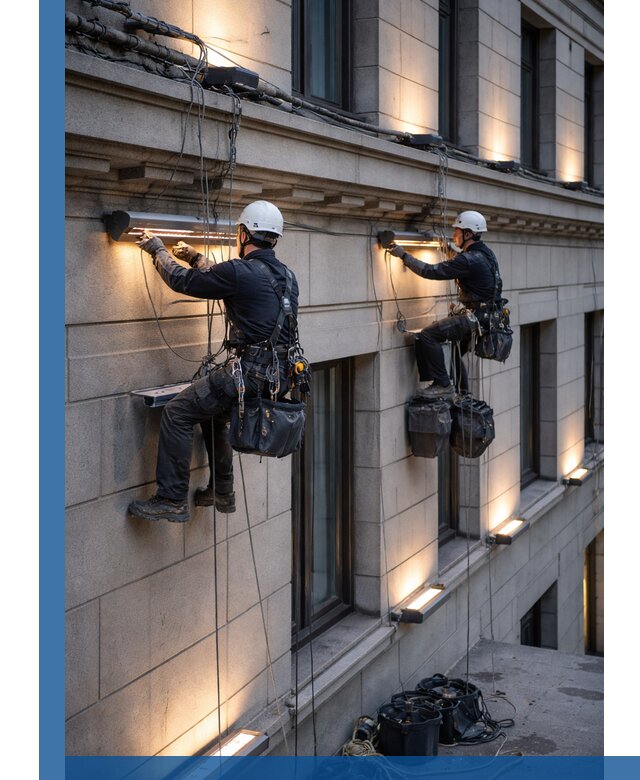 Монтаж архитектурной подсветки фасадов зданий в Челябинске