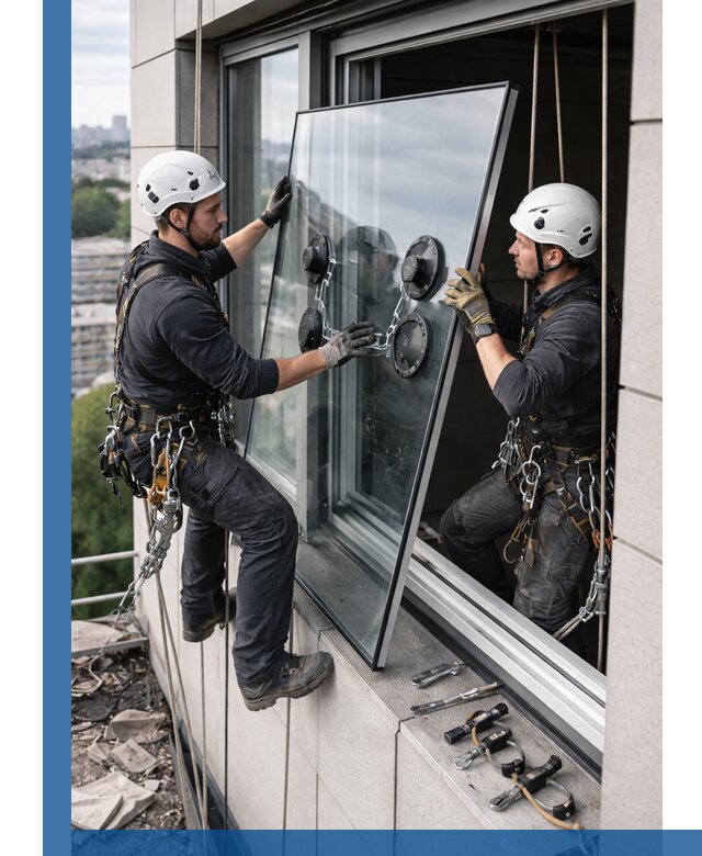 Замена стеклопакетов на высоте с промышленными альпинистами в Челябинске