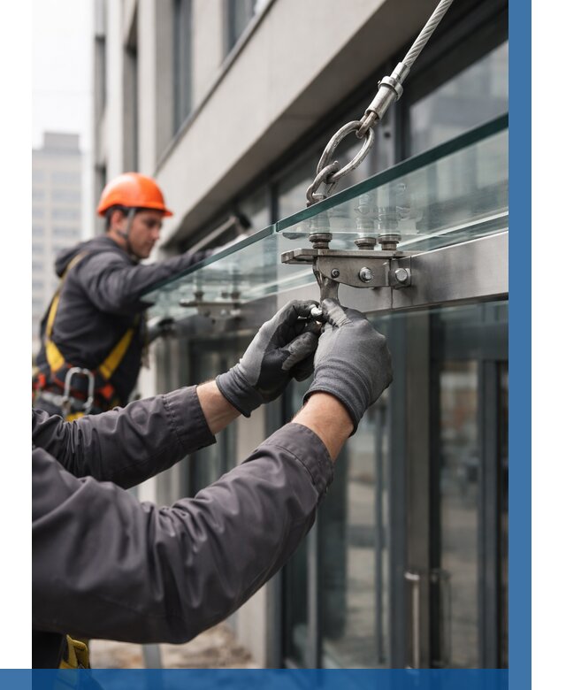 Монтаж стеклянных козырьков в Челябинске от 8765 р. | ВЫСОТНИК-Члб