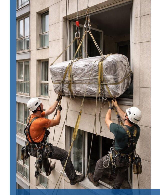 Подъем грузов через окно в Челябинске промышленными альпинистами