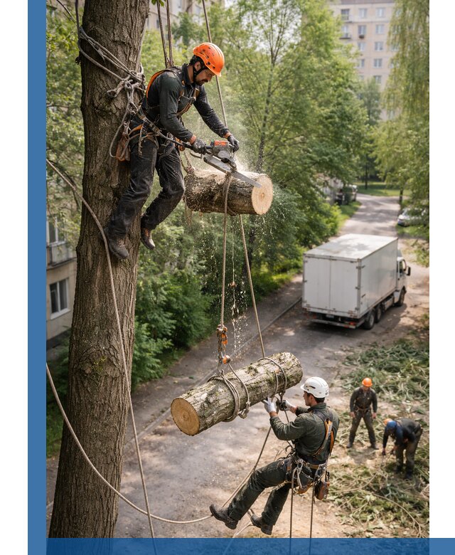 Спил деревьев альпинистами в Челябинске, безопасно и без повреждений