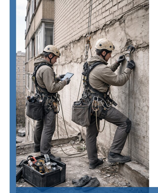 Обследование фасада промышленными альпинистами в Челябинске